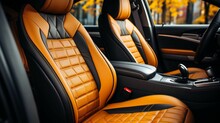 Interior Of A Sleek Sports Car Featuring Black And Orange Leather Upholstered Front Seats