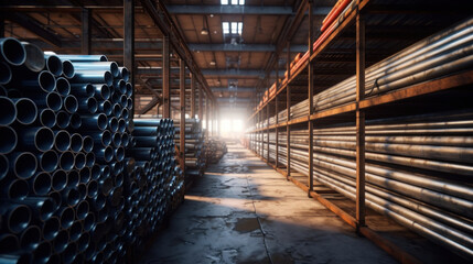  Stack of steel pipes in a warehouse.