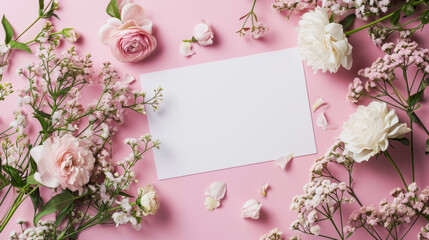 Elegant paper card layout with spring flowers on pink background. Girish greeting card design concept. Generative AI