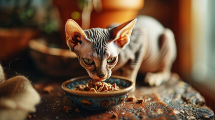Little cute sphynx cat feeds from a small bowl. Direct look of the cat. Light brown color palette. Generative AI