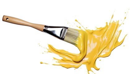 Wall Mural - paint brush with paint. brush with yellow paint splashing over white background. Paint brush and yellow paint splatter. Brush for painting the wall