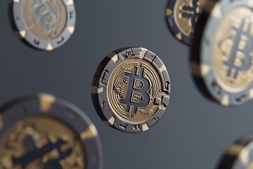 an array of bitcoins are scattered in this image