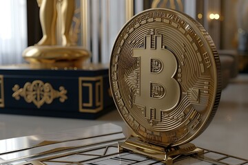 Wall Mural - a gold bitcoin sitting on top of a counter