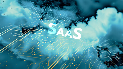  saas cloud computing platform for enterprises, in the style of dark white and sky-blue, contained chaos, abrasive authenticity, liquid emulsion printing, light gold and sky-blue