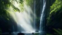 AI Generated Illustration Of A Lush Green Forest With A Magnificent Waterfall