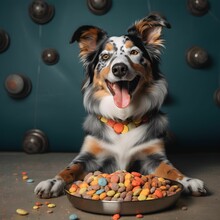 AI Generated Illustration Of An Australian Shepherd Dog In Front Of A Bowl Of Cereal