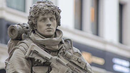 Wall Mural - A statue of a man holding an assault rifle in front of building, AI