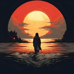 Wall Mural - AI illustration of a man overlooking a shimmering ocean illuminated by the light of a full moon.
