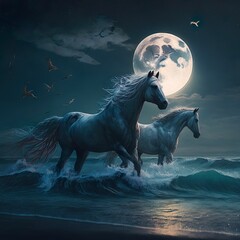 Wall Mural - AI generated illustration of a nighttime scene of two white horses running through the ocean waves