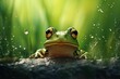 AI generated illustration of a small green frog with dew droplets in the background