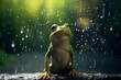 AI generated illustration of a small green frog with dew droplets in the background