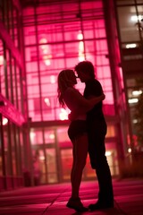 Canvas Print - A couple embracing in front of a pink building at night, AI