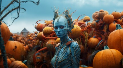 blue alien standing surrounded by pumpkins,