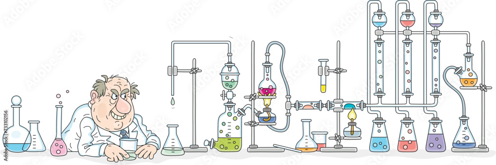 Funny angry chemist with glass flasks, reagents and equipment during an ...