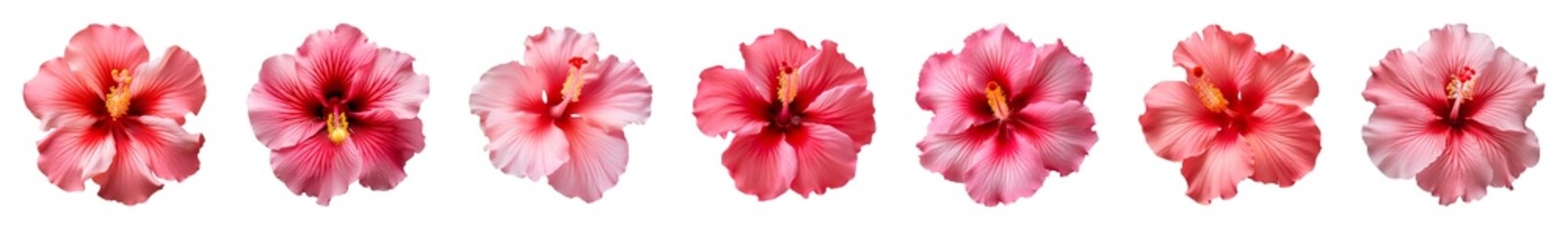 Wall Mural - Collection of red and pink hibiscus flowers isolated on a transparent background, top view