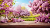 Fototapeta Kwiaty - Spring background with wooden table. Lilac trees in blossom