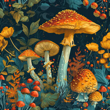 Colorful Autumn Mushroom Wonderland: A Vibrant Illustration Of Nature's Charming Red Amanita In A Vintage Seamless Pattern On A Bright Green Forest Background