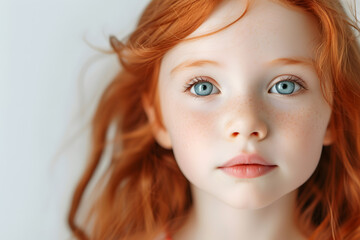 Closeup portrait of pretty red hair little girl isolated on white background