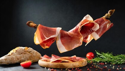 Wall Mural - spanish ham jamon flying in ther on black background traditional meat specialty of the local cuisine