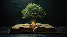 A Tree Grows Out Of A Book With Light Shining Like Gaining Knowledge On A Black Background. The Concept Of Opening Paper Will Allow You To See Knowledge About The World, Learn Independently And Improv