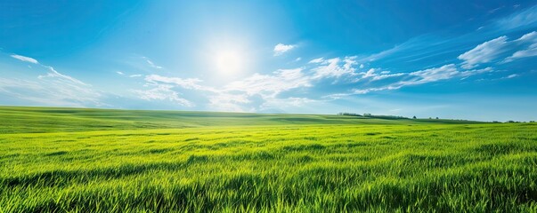 green grass and blue sky in wide banner. beautiful meadow and sunlight