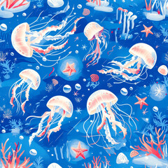 Wall Mural - blue Underwater jellyfish as a background on a seamless tile, ai generated