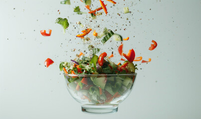 Wall Mural - salad flying from a glass bowl floating in the air on white background. healthy food concept.