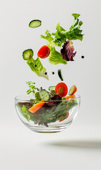 Wall Mural - salad flying from a glass bowl floating in the air on white background. healthy food concept.