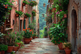 Fototapeta Uliczki - Old Town Charm: Exploring the Medieval Streets of Tuscany's Enchanting City - A Spectacle of Vintage Architecture, Delicate Flowers, and Rustic European Charm