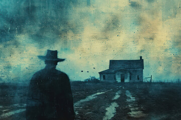Wall Mural - Mysterious Silhouette of a Lonely Man Standing in the Haunted Countryside - A Dark Journey into the Creepy Darkness