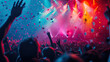 © oldwar - Cheering concert crowd with colorful stage light and confetti, silhouette of Large group of people audience at live music festival