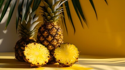  Vibrant pineapple on a sunny day, exotic fruit cut and whole, simple stylish composition. freshness concept. AI