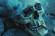 Chilling human skull with smoldering cigarette, moody dark tones. grim concept, memento mori theme, dramatic style. artistic representation of mortality. AI
