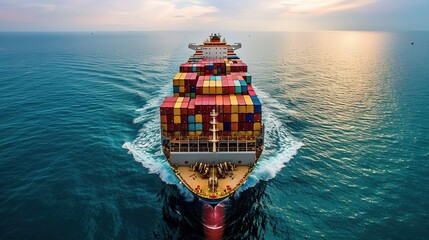 Wall Mural - An aerial view of a container ship carrying containers on the high seas. The business of export import logistics and international transportation concept.
