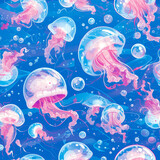 Fototapeta Kosmos - blue Underwater jellyfish as a background on a seamless tile, ai generated