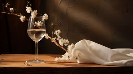 Wall Mural - glass of white wine with white flowers on dark background 