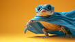 Superhero lizard in a cape and mask on a yellow background