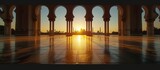 Fototapeta  - Beautiful view reflective tiles at mosque entrance at sunrise background landscape. Generated AI