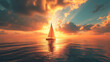 Ein Segelboot mitten auf dem Wasser während des Sonnenaufgangs oder Sonnenuntergangs