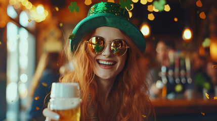 Festive joy on St. Patrick's Day. Exuberant young woman with red hair celebrating, adorned in green festive gear