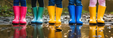 Close-up On Children Legs In Colorful Wellie Boots Standing In A Puddle. Kids Jumping Over Puddles In Colorful Rain Boots.