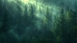 A tranquil forest scene. Evergreen trees shrouded in a misty atmosphere with rays of light filtering through the canopy