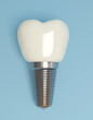 Tooth implant dental 3D illustration. 3D render of dental implant on the blue surface. Medical dental illustration.  