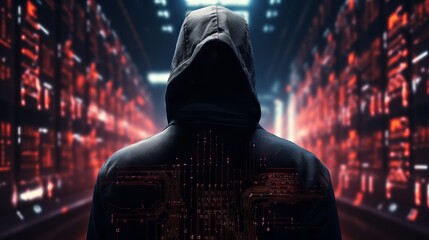 Poster - An anonymous hacker near the servers. Cyberattack, Cybercrime, cybersecurity, Illegal actions concepts.