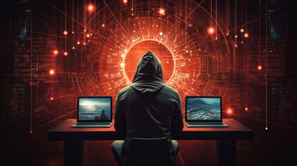 Poster - A rear view of a hacker in a black hoodie near laptops and a digital red screen. Cyberattack, Cybercrime, Illegal actions concepts.