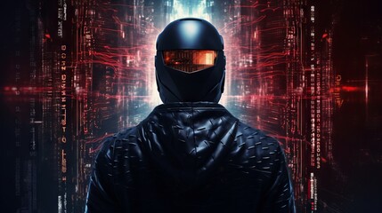Poster - A rear view of a hacker in a black hoodie near a digital red screen. Cyberattack, Cybercrime, Illegal actions concepts.
