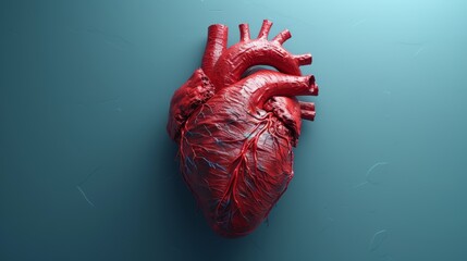 Poster - Abstract 3d vector human heart isolated on blue. Red cardio pulse line. Illustration or background for anatomy, cardiology, medicine, organ health, health care, healthcare, healthcare, illness