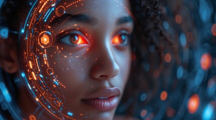 Aufkleber - The image depicts a young black woman operating a holographic screen and a wide angle view of the global communication network.