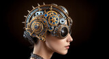 Fototapeta Tulipany - A woman with a cybernetic mask made of gears and clock parts.