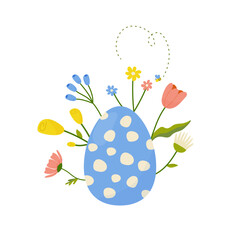 Wall Mural - Easter egg with flowers, concept in cartoon style for card, print, sticker, postcard. Vector illustration on white background.